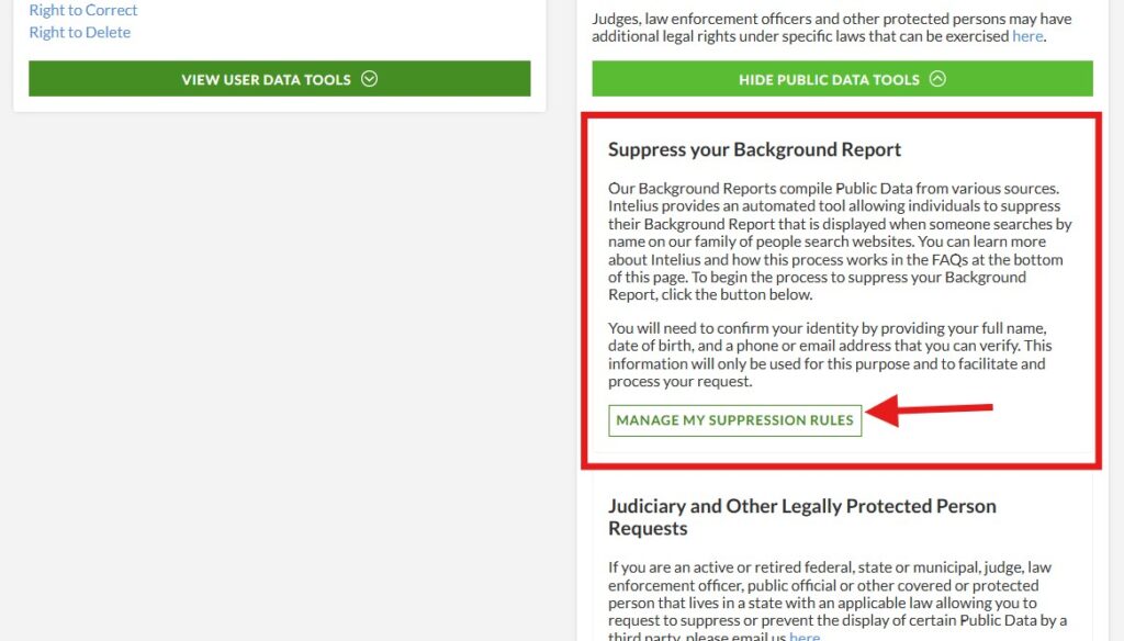 how to opt out of intelius - suppression rules button