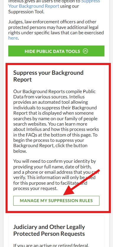 how to opt out of intelius - suppression rules button